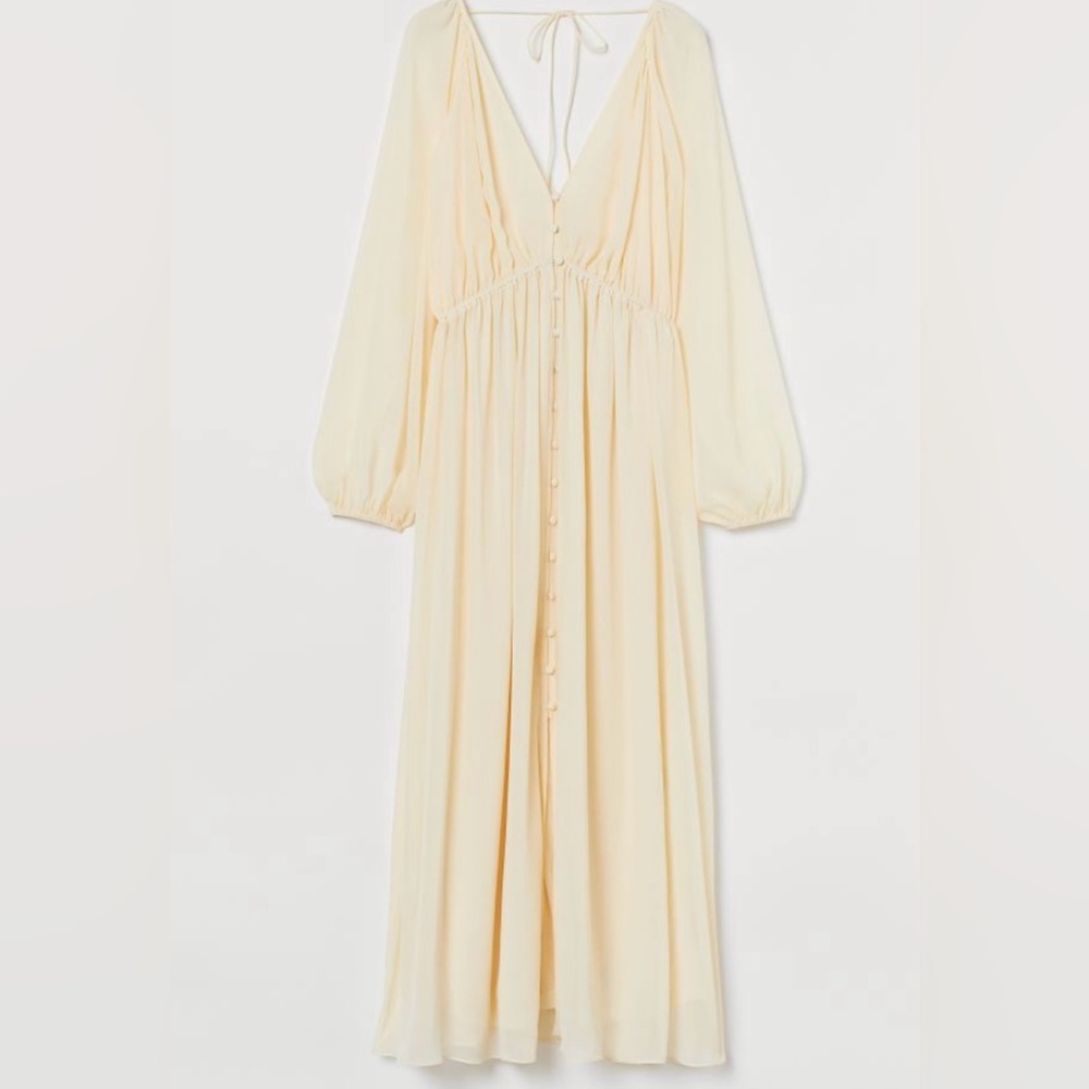 H&M long Chiffon Summer Maxi Dress open button front light yellow